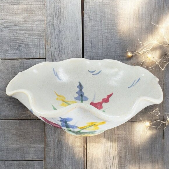 Hand Made Studio Pottery Ruffled Edge Bowl Dish Signed Maje Ki Stoneware Dish - Picture 1 of 13